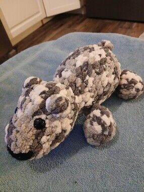 Hand Crafted Chenille Crochet Loaf Cat Gray & White Plushie. FF#428